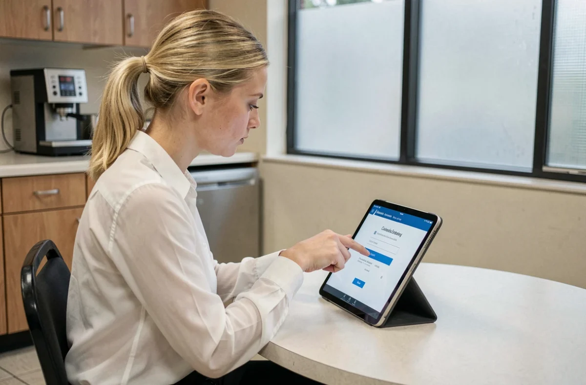 Jeune enseignante se connectant à l'intranet académique avec sa tablette dans une salle de pause scolaire