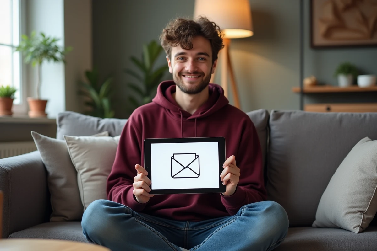 Jeune personne accédant avec succès au webmail ac-grenoble depuis une tablette dans son appartement