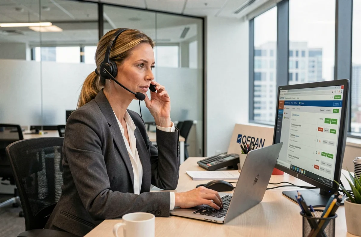Consultante A@Cntic gérant un ticket de support informatique depuis son bureau en open space