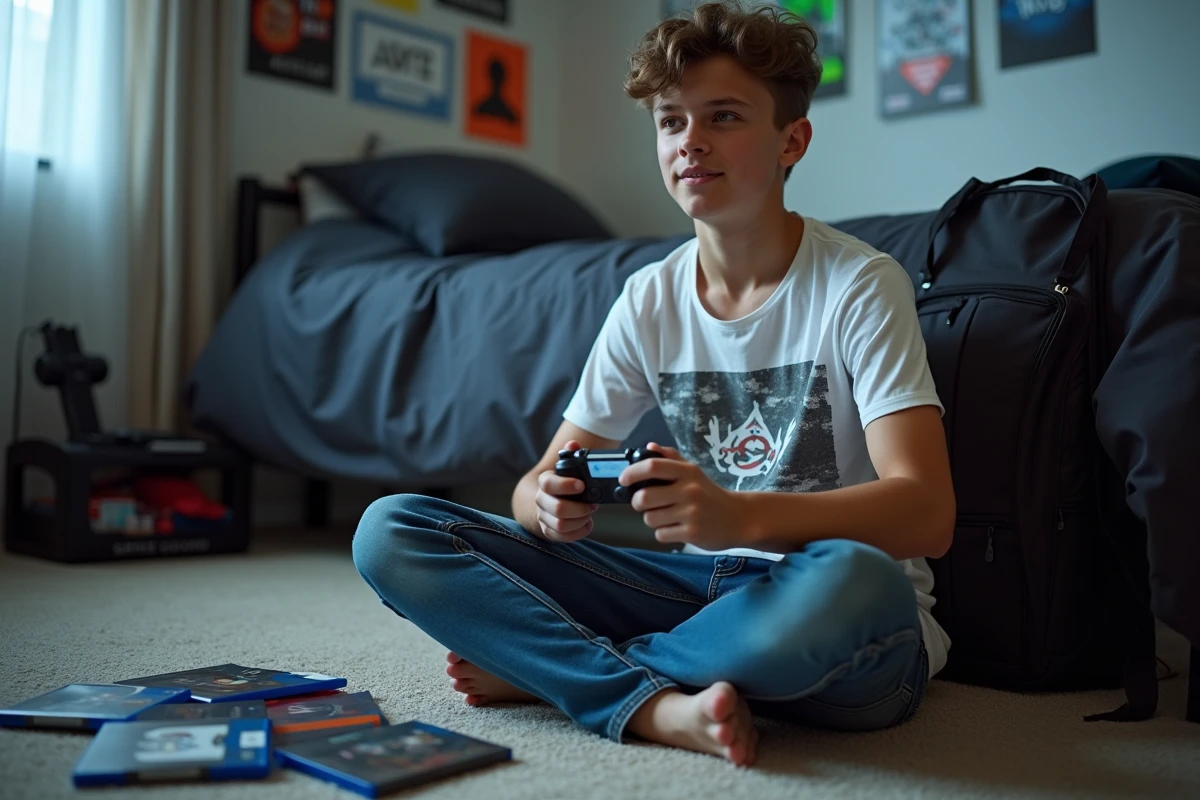 Adolescent assis sur le sol de sa chambre avec une manette de jeu et un smartphone affichant la page d'activation du compte Epic Games