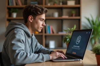 Jeune homme activant sa console Epic Games depuis un ordinateur portable sur un bureau en bois dans un bureau à domicile moderne