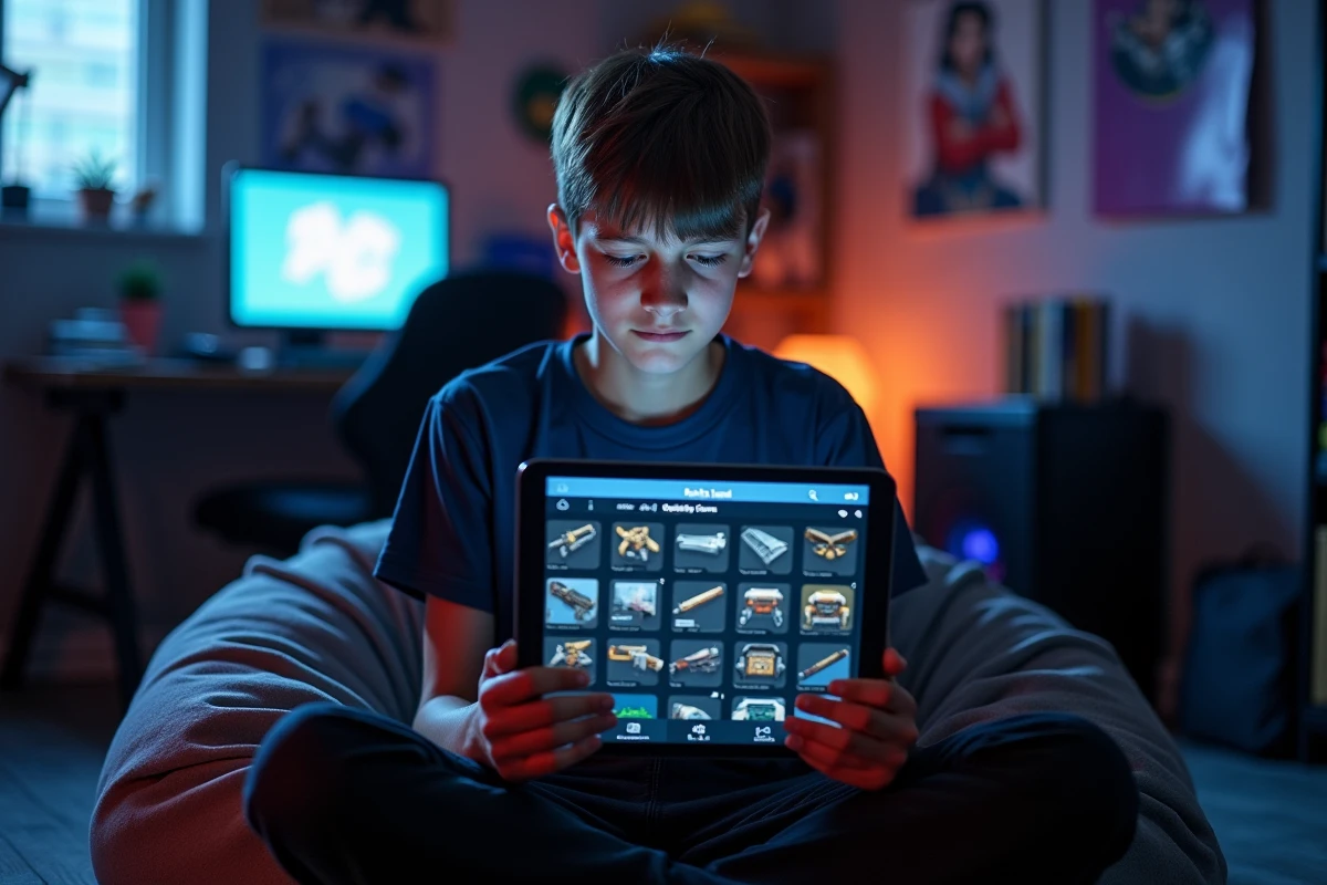 Adolescent passionné de gaming explorant des assets visuels générés par Leonardo AI sur tablette dans sa chambre