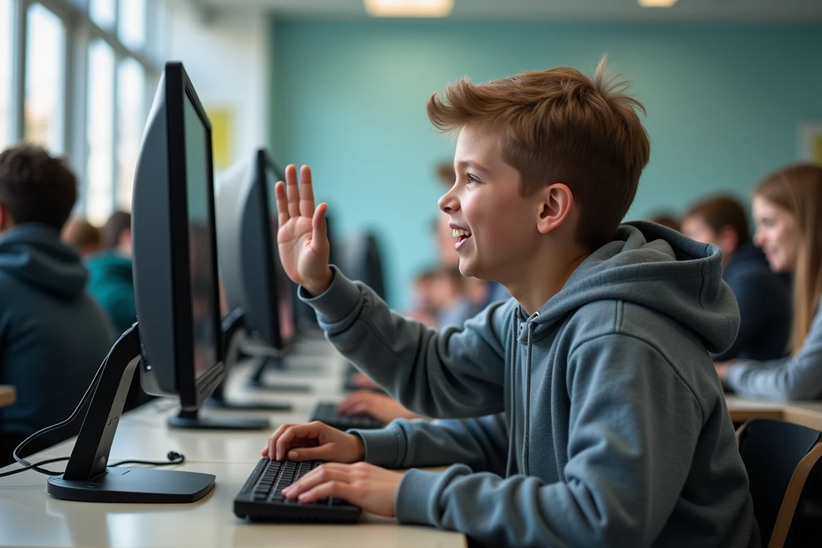 Adolescent enthousiaste dans une salle informatique scolaire
