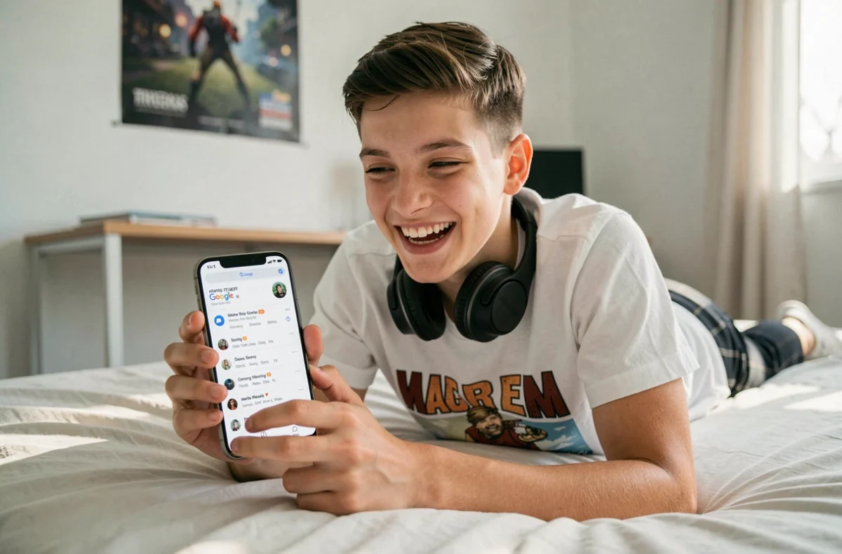 Adolescent allongé sur son lit découvrant le barrel roll sur Google depuis son smartphone