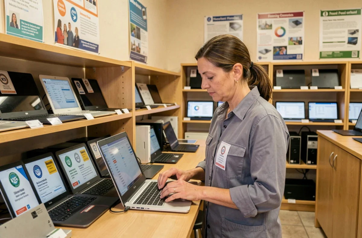 Magasin AfB Shop à Caen spécialisé dans le reconditionnement informatique avec une employée contrôlant un ordinateur portable