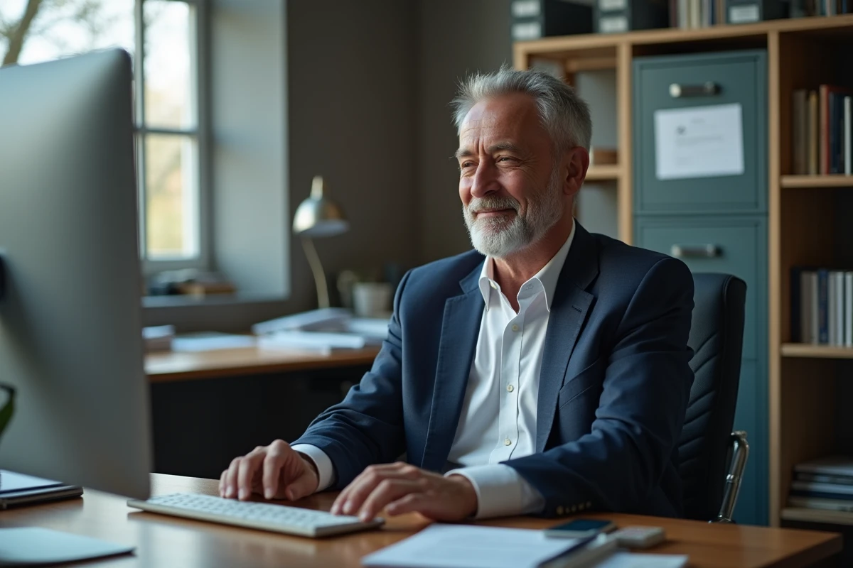 Agent administratif vérifiant ses emails dans un bureau à Grenoble