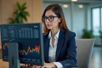 Femme professionnelle analysant les prix d'une formation en intelligence artificielle sur un écran d'ordinateur dans un bureau moderne