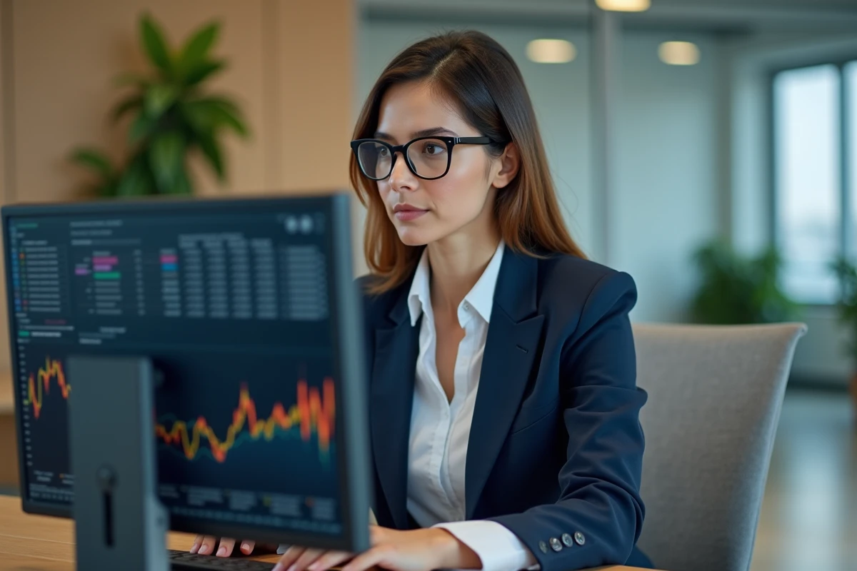Femme professionnelle analysant les prix d'une formation en intelligence artificielle sur un écran d'ordinateur dans un bureau moderne