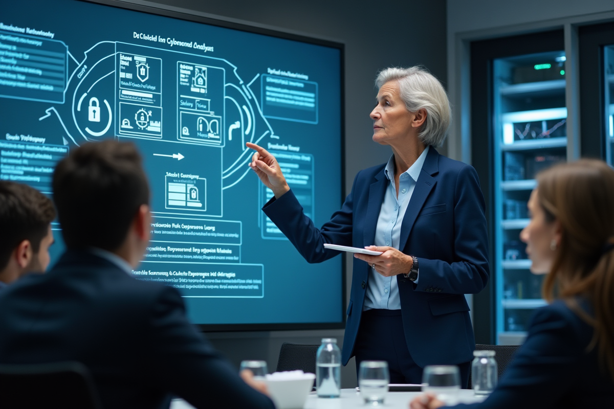 Analyste cybersécurité expliquant un diagramme réseau