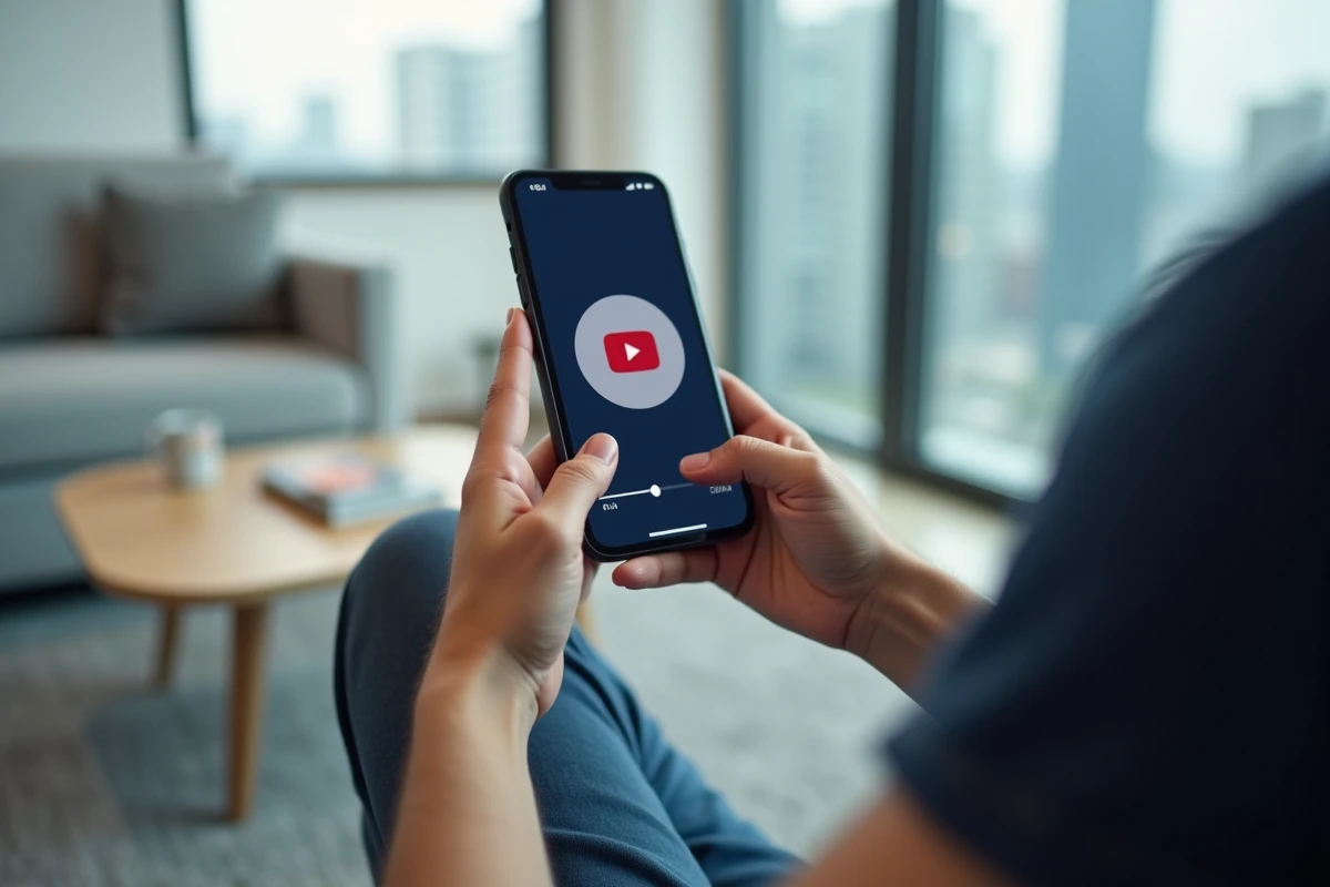 Mains tenant un smartphone avec une application de conversion YouTube en MP3 dans un salon moderne