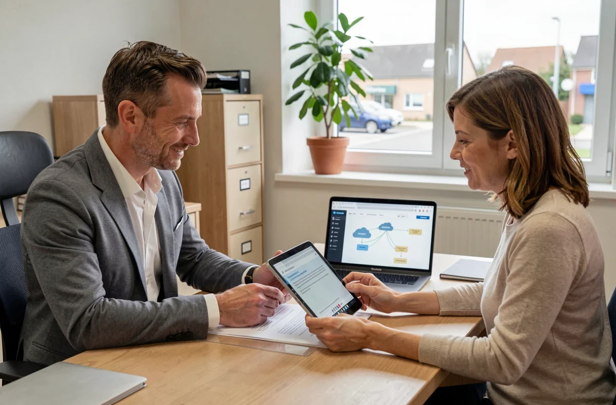 Consultant en infogérance informatique présentant un contrat de services à une PME