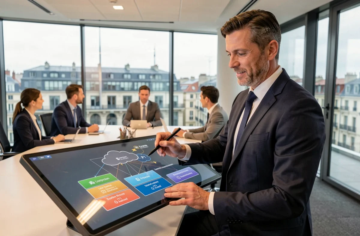 Ingénieur informatique présentant une architecture IT dans une salle de réunion d'entreprise à Lyon