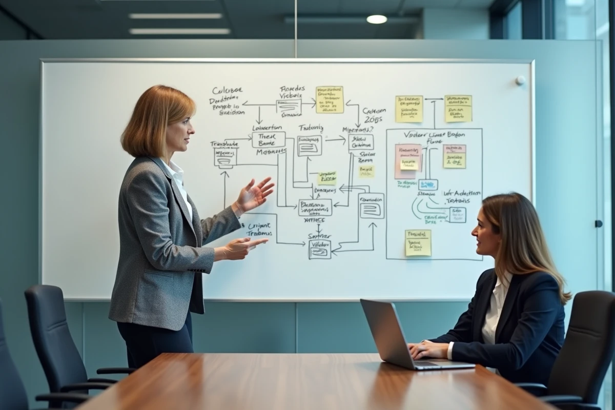 Architecte IT présentant un schéma de migration vDisk Citrix sur tableau blanc lors d'une réunion de projet en entreprise