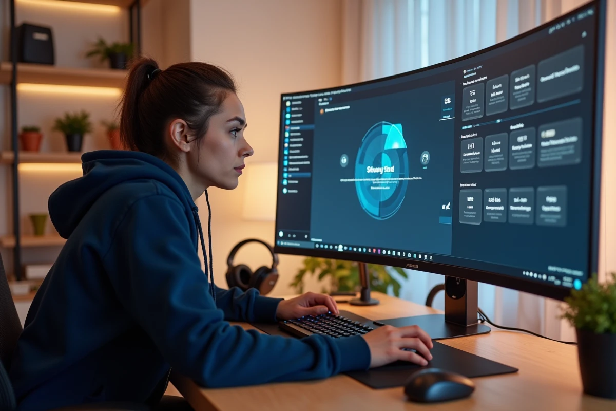Femme configurant la synchronisation des périphériques ASUS avec le logiciel Armory Crate sur un large écran ultrawide dans un espace de travail moderne