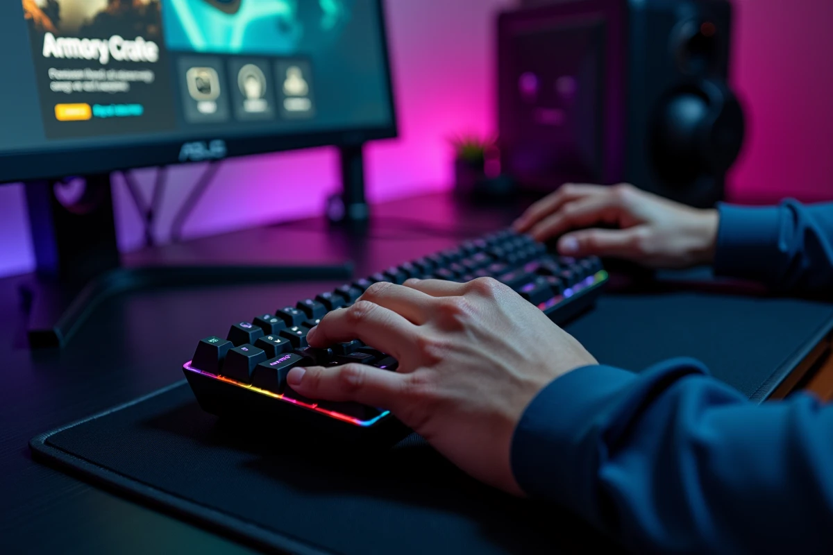 Gros plan sur des mains utilisant un clavier mécanique et une souris gaming ASUS synchronisés via Armory Crate avec effets RGB colorés