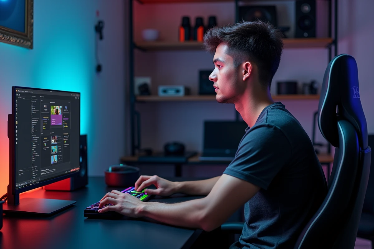 Jeune homme utilisant Armory Crate sur un ordinateur portable ASUS pour synchroniser des périphériques RGB sur un bureau gaming moderne