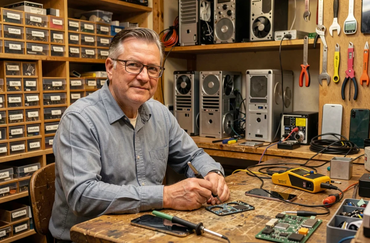 Technicien d'Arras Informatique et Mobile réparant un téléphone dans son atelier artisanal