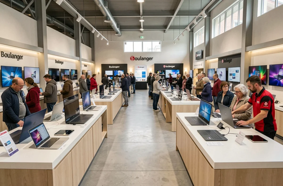 Intérieur d'un magasin Boulanger en Normandie avec des clients parcourant le rayon informatique et multimédia