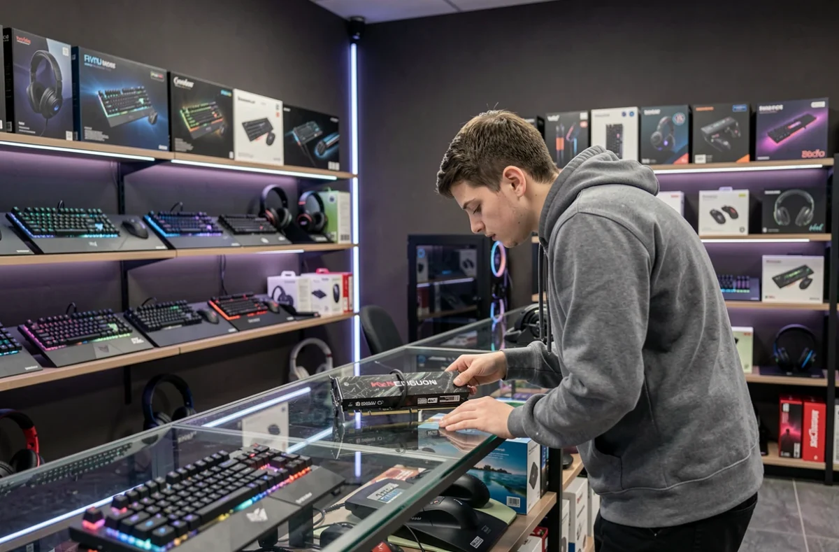 Intérieur d'un magasin gaming et professionnel à Rouen avec un client examinant une carte graphique