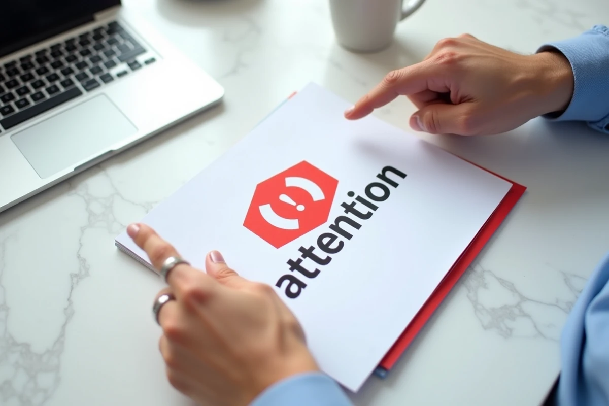 Brochure imprimée avec un logo attention bien visible et accrocheur posée sur une table en marbre