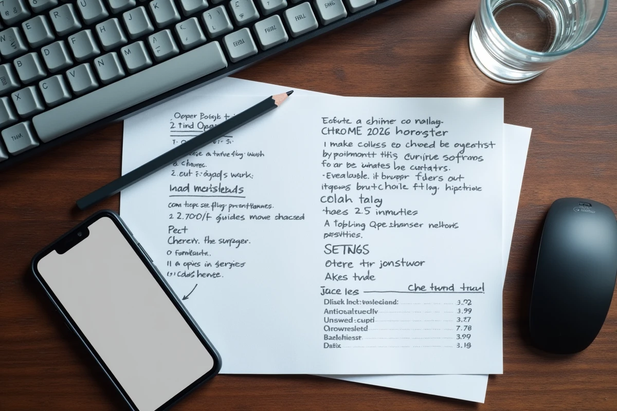 Vue aérienne d'un bureau avec notes manuscrites sur les mises à jour Chrome flags 2026, clavier mécanique et smartphone