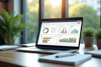 Bureau moderne avec ordinateur affichant des tableaux marketing
