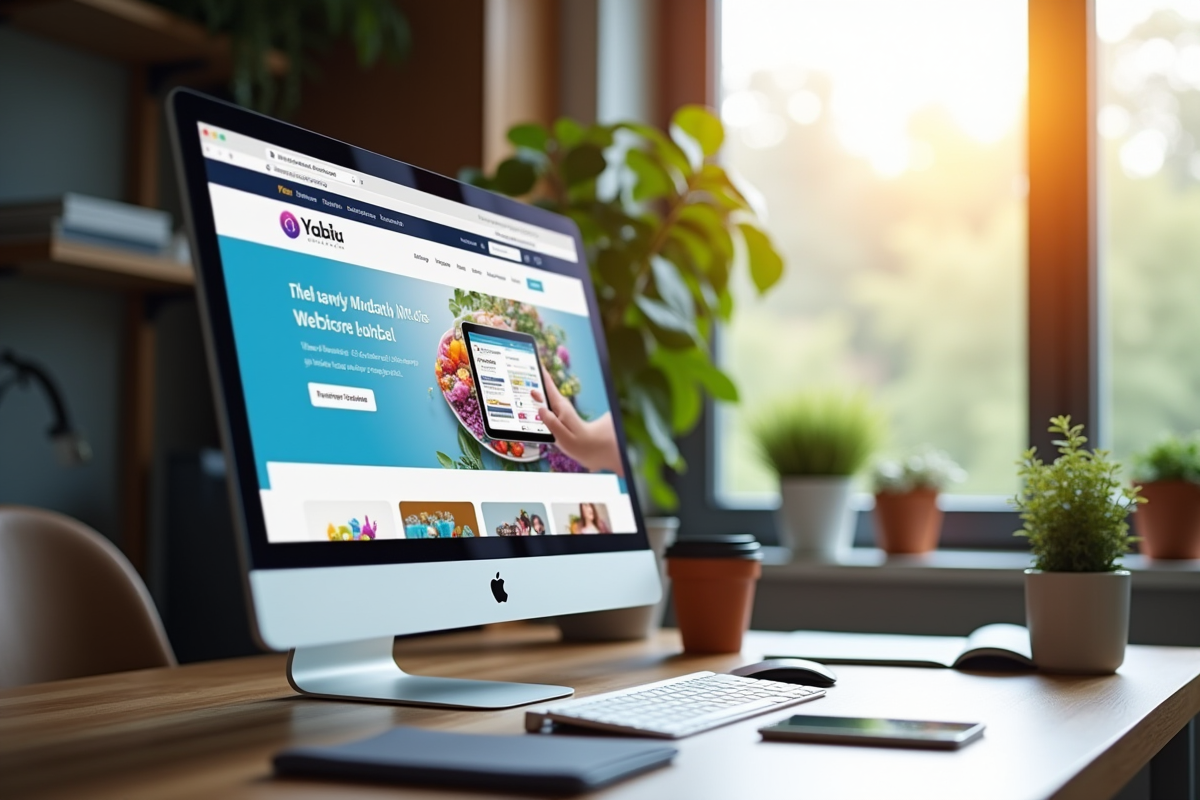 Bureau moderne avec écran affichant un site ecommerce