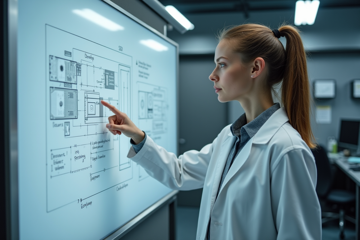 Jeune chercheuse pointant un diagramme SSD dans un laboratoire