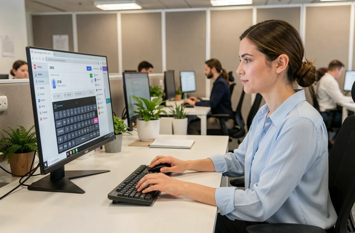Femme utilisant le clavier virtuel à l'écran suite à une touche manquante sur son clavier physique