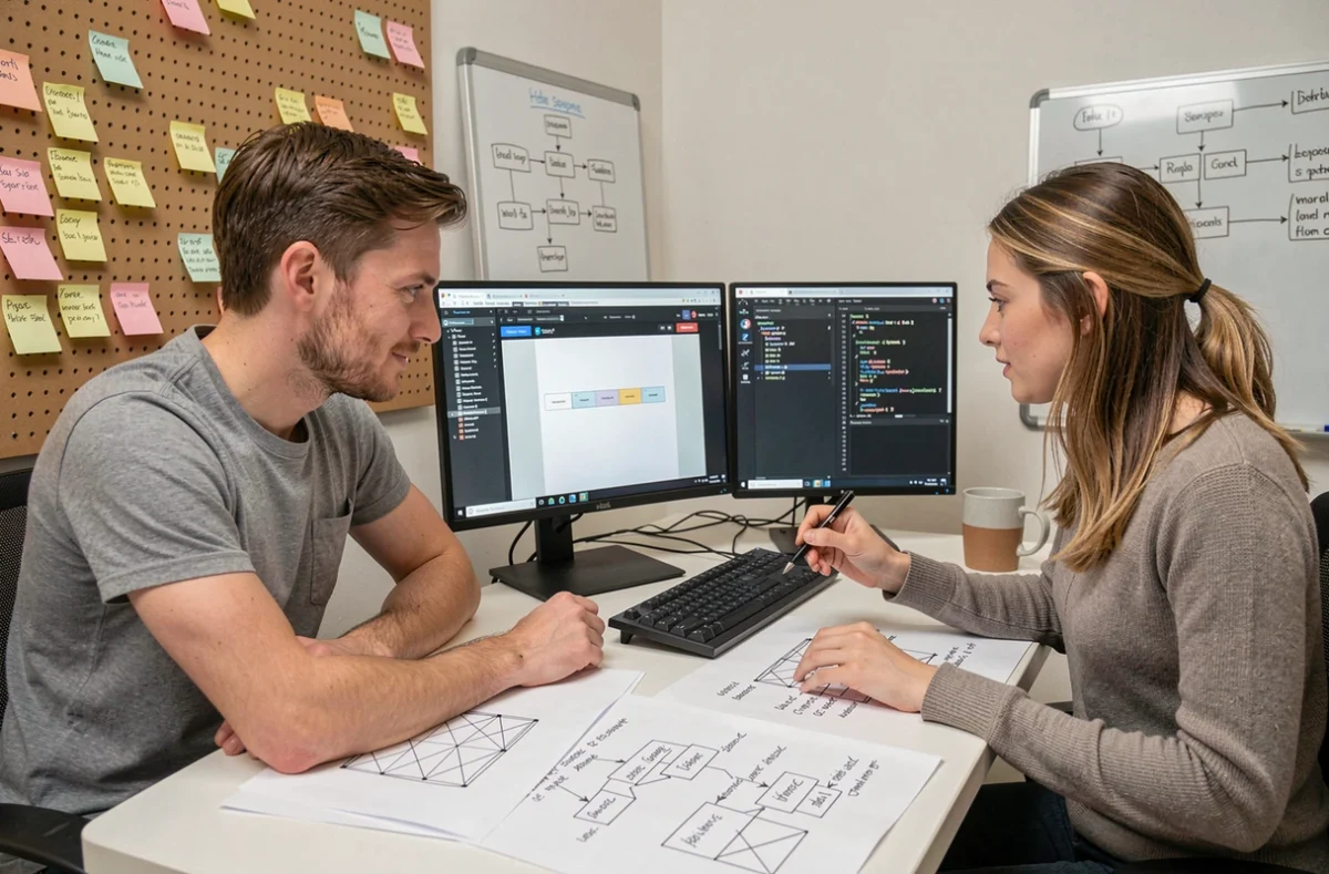 Deux développeurs collaborant sur un problème de mise en page CSS avec des éléments div mal centrés dans un studio d'agence web