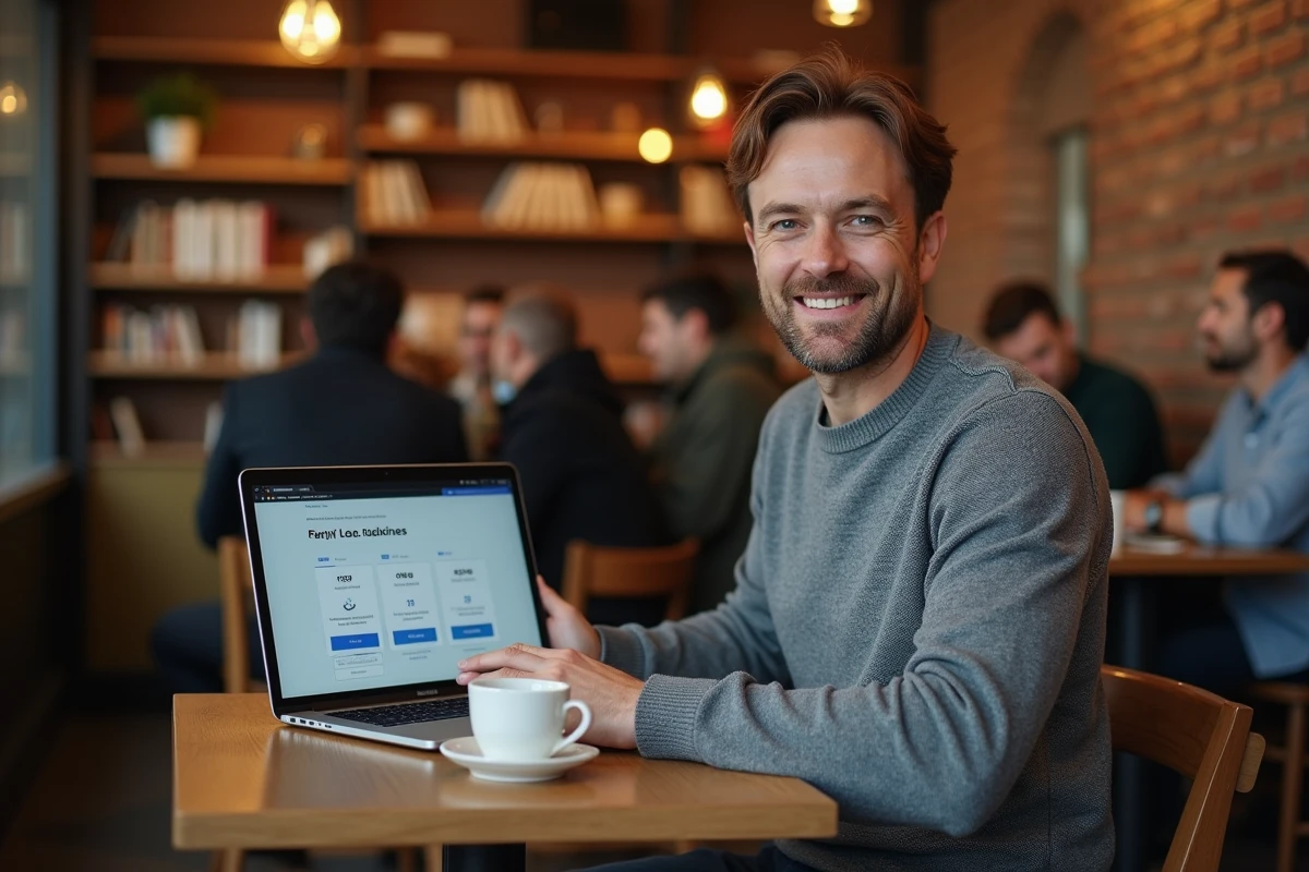 Entrepreneur consultant comparant les formules et tarifs d'accompagnement en intelligence artificielle depuis un café urbain