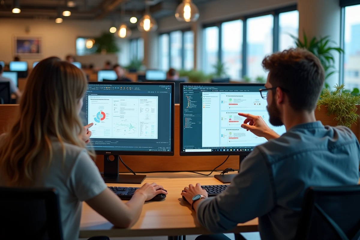 Deux développeurs de jeux vidéo comparant un GDD et un pitch deck sur des écrans côte à côte dans un espace de co-working