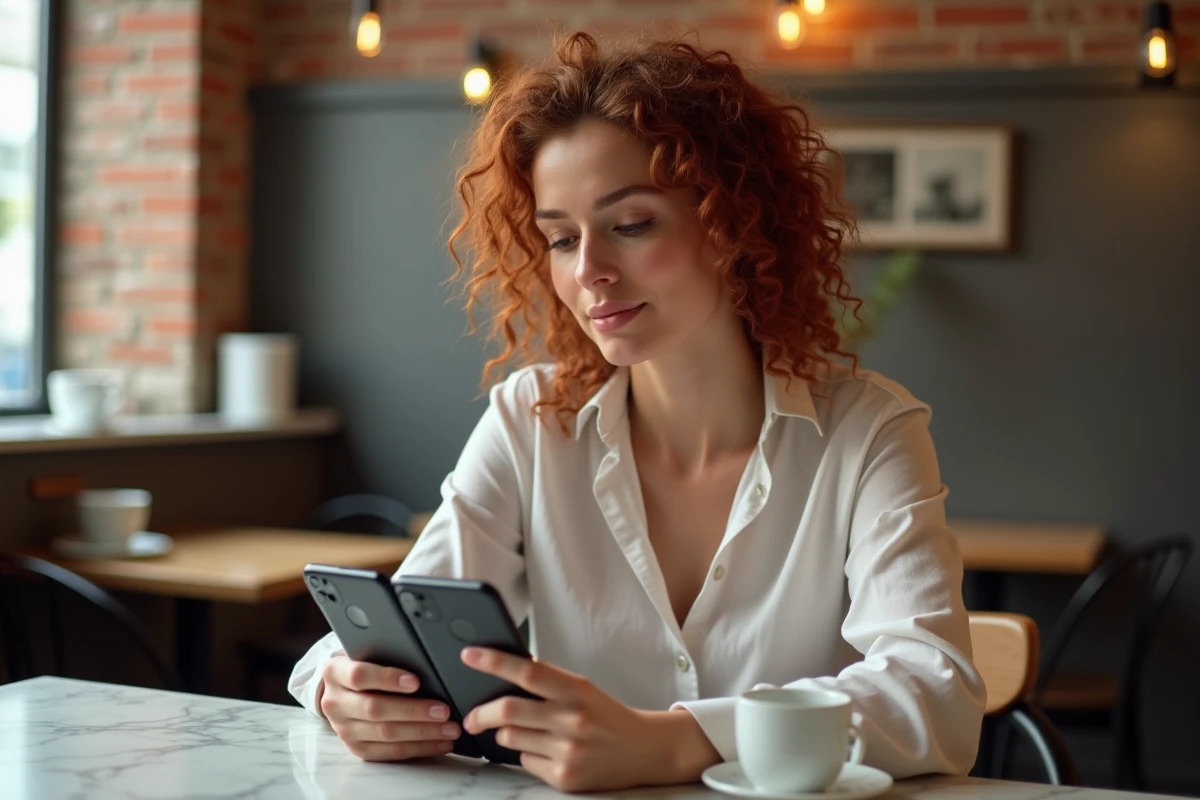 Femme comparant deux Google Pixel pour évaluer leur état avant revente dans un café