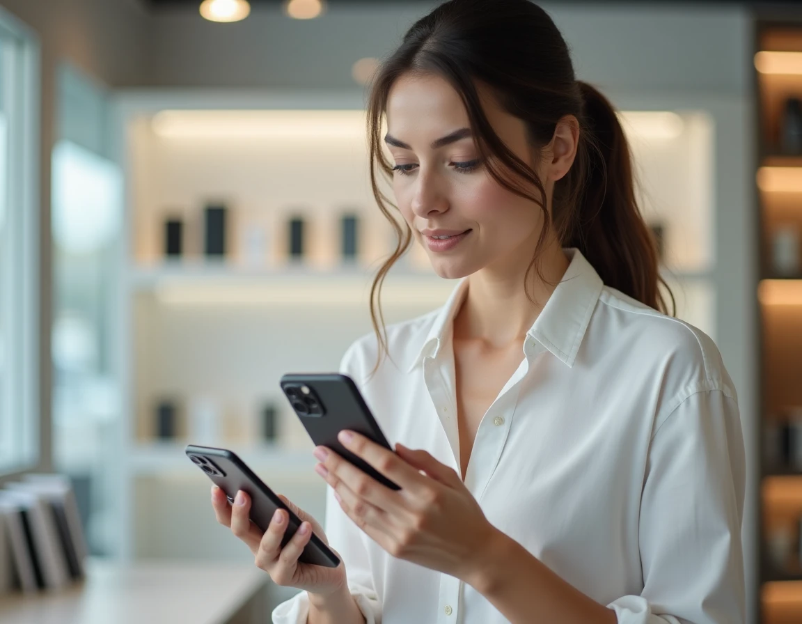 Femme comparant un iPhone 12 neuf et reconditionné dans une boutique d'électronique