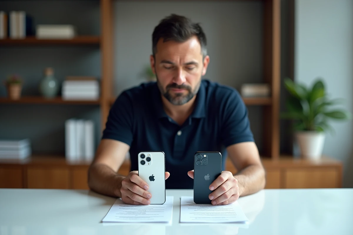 Homme comparant deux modèles iPhone 16 côte à côte sur un bureau à domicile, analysant les fiches techniques et les prix