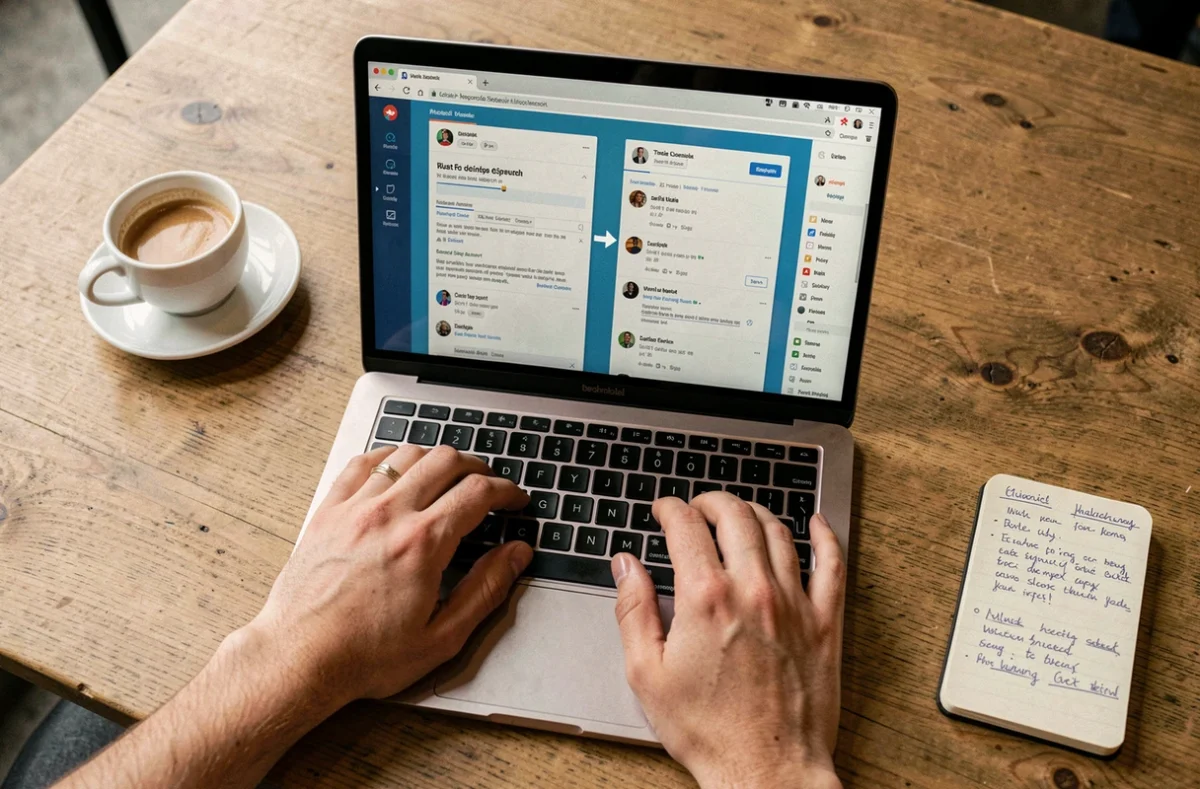 Mains tapant sur un ordinateur portable dans un café comparant des solutions alternatives à Gmail pour préserver la confidentialité des emails
