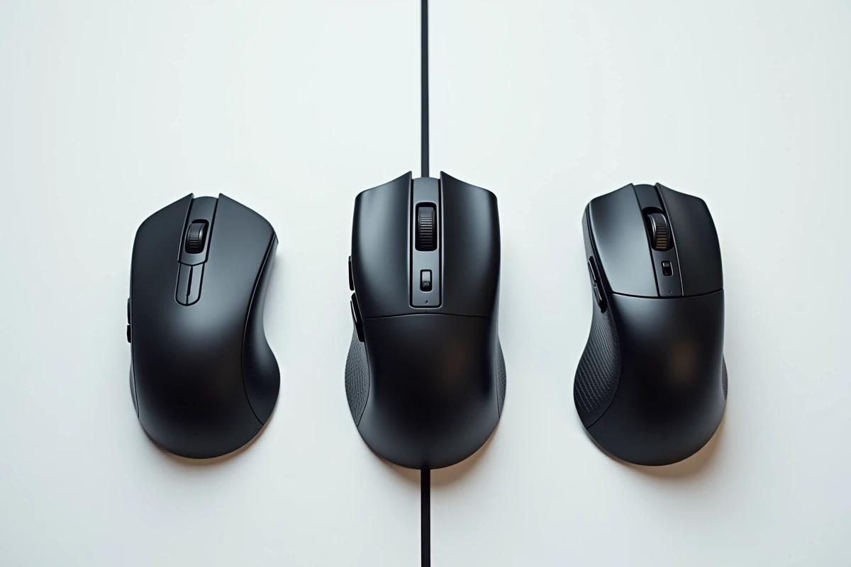 Comparatif de trois souris gaming sans fil photographiées en vue du dessus sur fond blanc