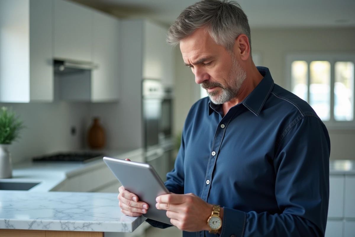 Homme consultant une tablette affichant une erreur de connexion à un compte webmail IONOS avec option de récupération de mot de passe