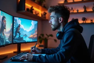 Concepteur de jeu vidéo utilisant Leonardo AI pour créer des personnages fantasy sur écran double en studio home gaming
