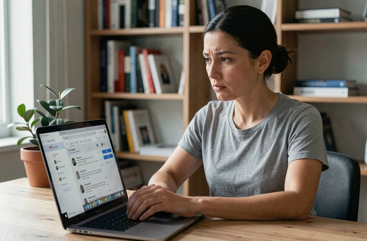Femme inquiète lisant ses emails Gmail sur un ordinateur portable dans un bureau à domicile, illustrant les préoccupations liées à la confidentialité des emails
