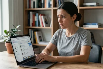 Femme inquiète lisant ses emails Gmail sur un ordinateur portable dans un bureau à domicile, illustrant les préoccupations liées à la confidentialité des emails