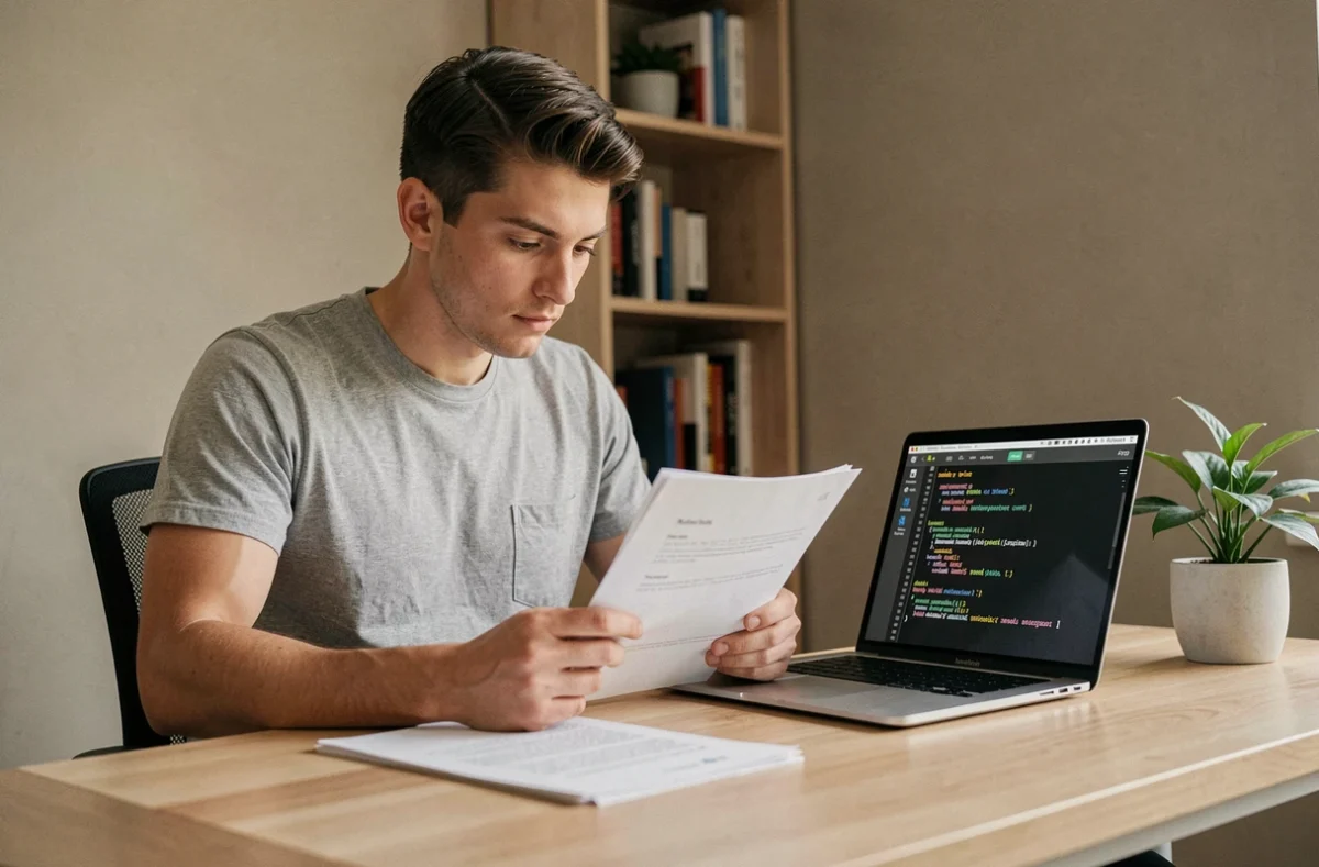 Jeune homme configurant l'authentification TBS sur son ordinateur portable dans un bureau à domicile moderne