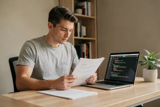 Jeune homme configurant l'authentification TBS sur son ordinateur portable dans un bureau à domicile moderne