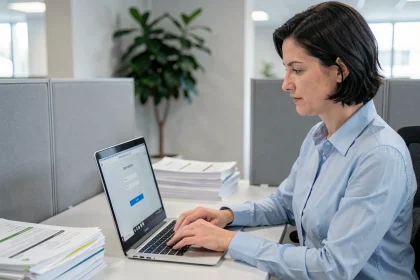 Femme connectée à l'intranet académique avec son identifiant sur un ordinateur portable dans un bureau administratif