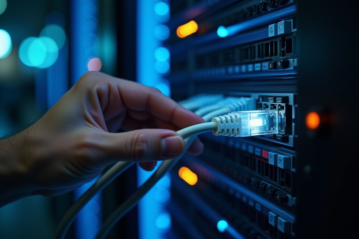 Main insérant un câble Ethernet dans un serveur avec lumières de sécurité