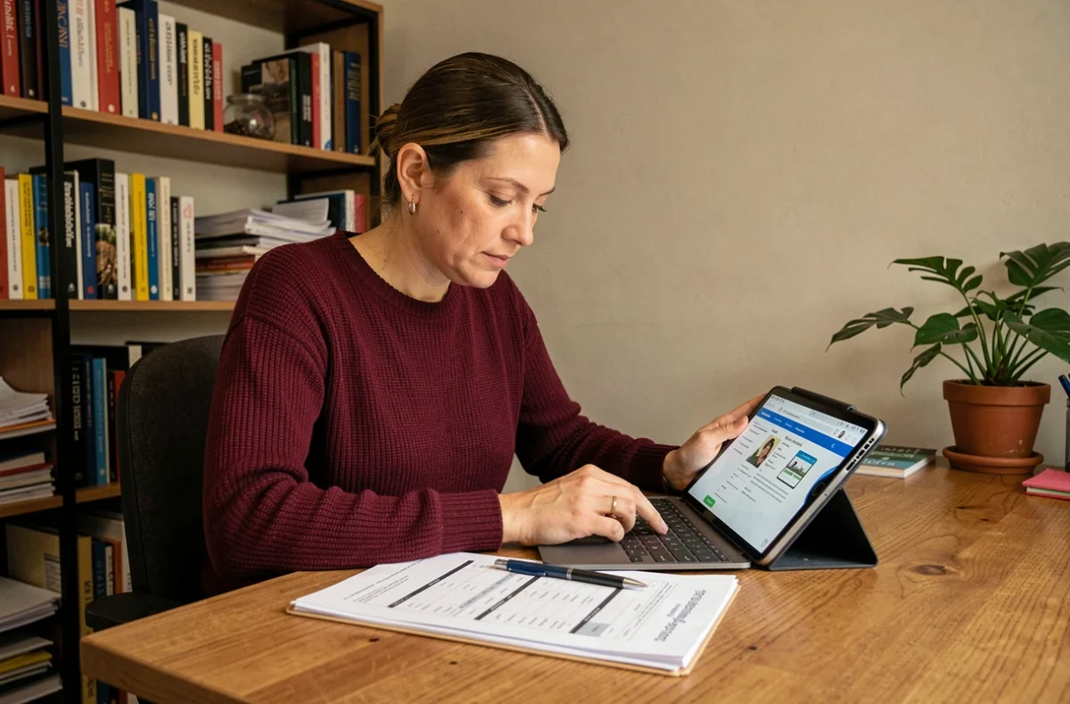 Femme utilisant une tablette pour se connecter à l'espace numérique ENT Paris depuis son bureau à domicile