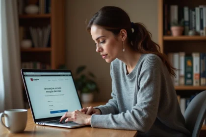 Femme connectée au webmail académique de Grenoble depuis son bureau à domicile sur un ordinateur portable