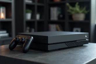 Console Xbox nouvelle génération posée sur un bureau minimaliste avec une manette sans fil moderne