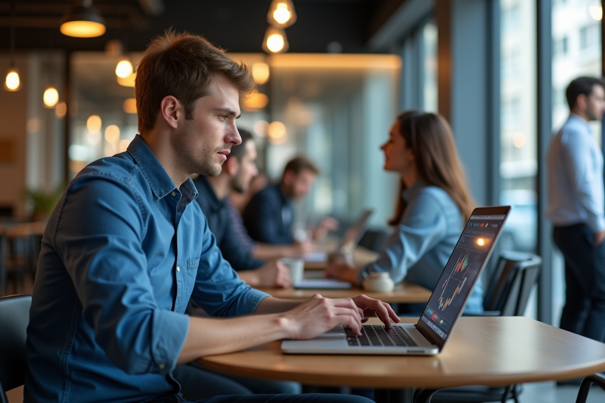 Jeune consultant informatique travaillant dans un café coworking dynamique