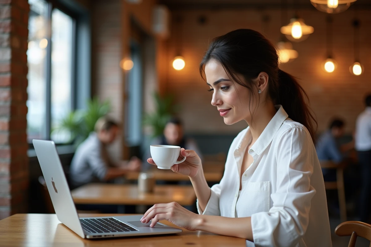 Femme utilisant un convertisseur YouTube MP3 sur son ordinateur dans un café urbain